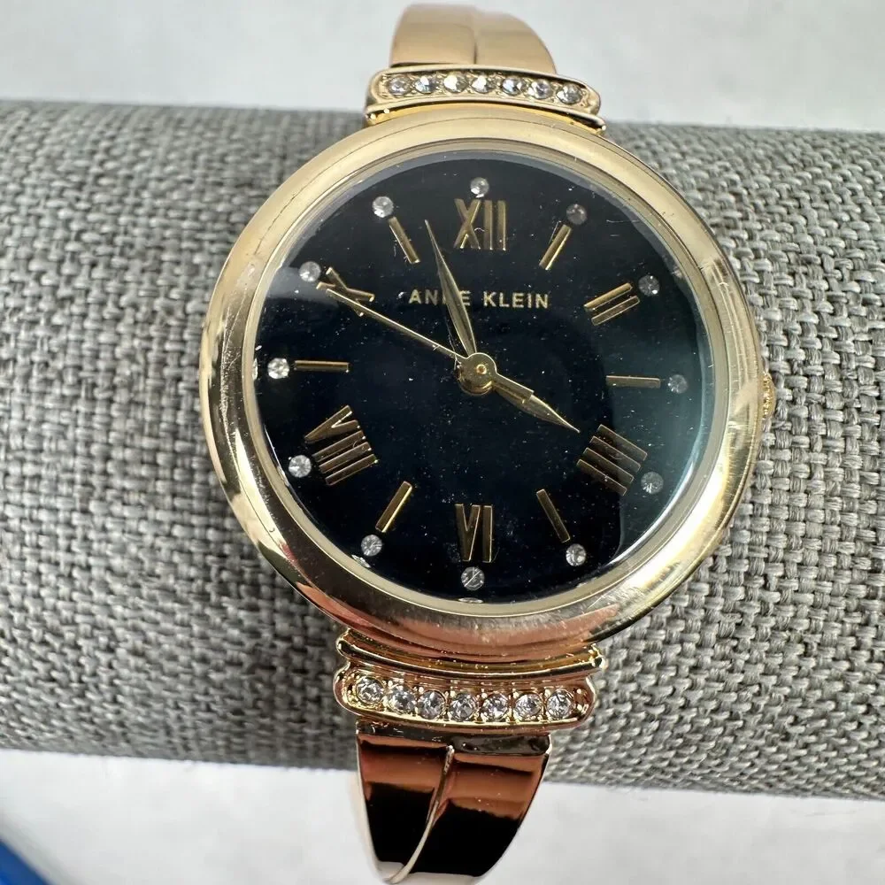 Anne Klein Watch Womens 16mm Round Black Dial Crystal Lugs Elegant New Battery